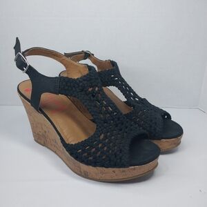 Jellypop Women 8.5 Boho Crochet Black Wedges Cork Heels Sandals Slingback Woven